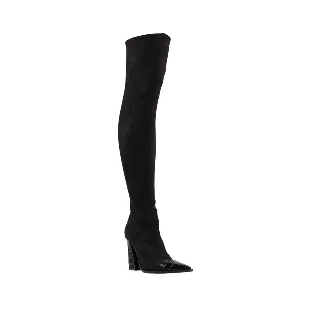NEW SONORA Over Knee Pasilla Croc-Detail Black Boots 39 US 8 Black Italy $1403